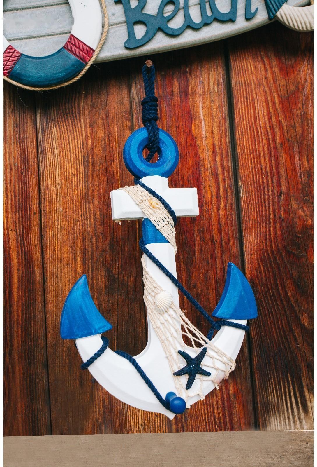 Якорь интерьерный с веревкой и звездой, бело-синий 5*23*32см