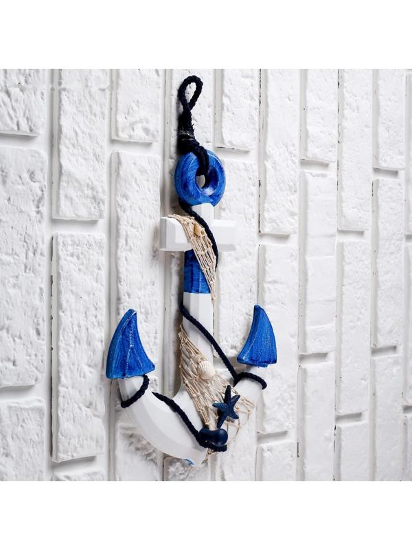 Якорь интерьерный с веревкой и звездой, бело-синий 5*23*32см