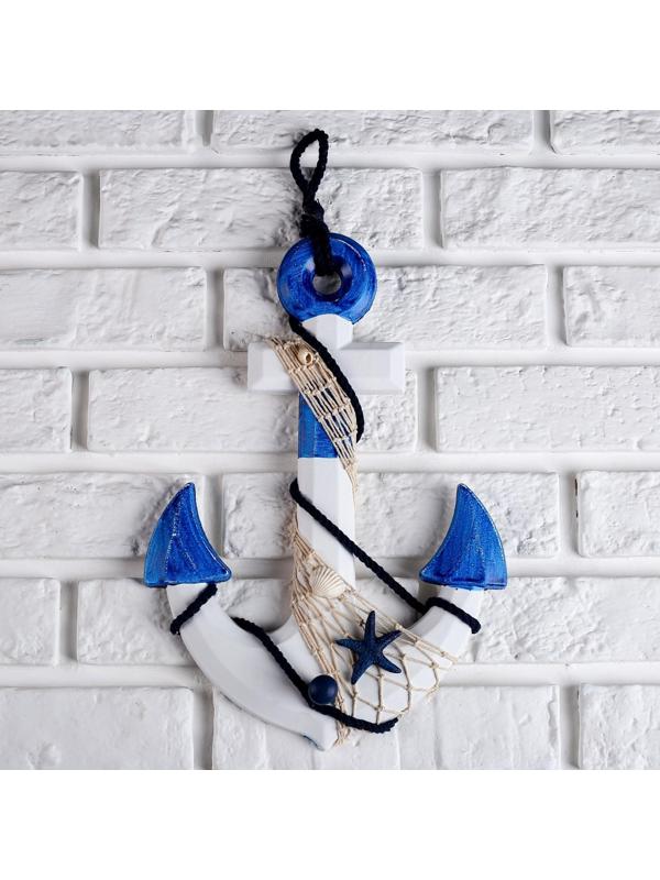 Якорь интерьерный с веревкой и звездой, бело-синий 5*23*32см