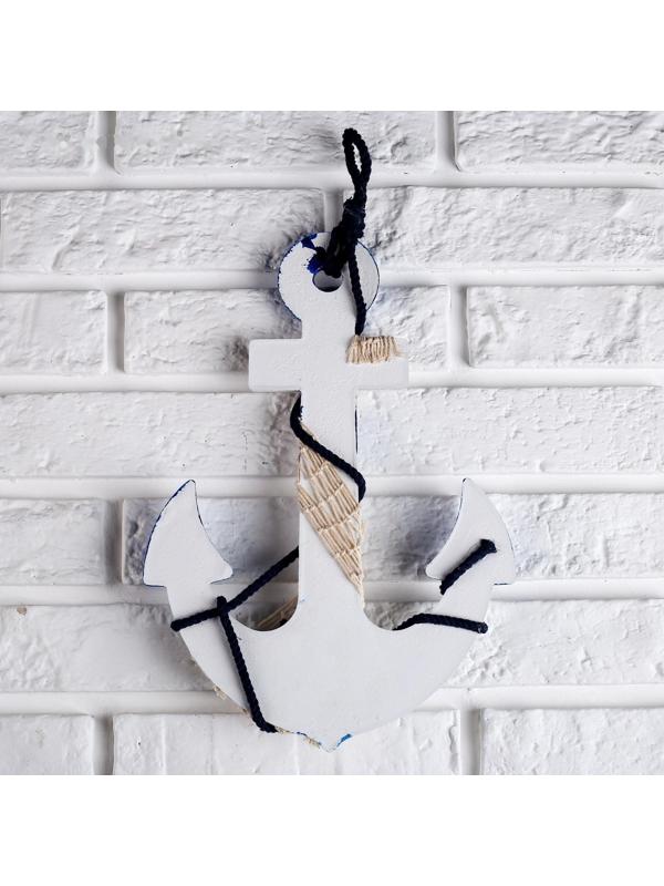 Якорь интерьерный с веревкой и звездой, бело-синий 5*23*32см