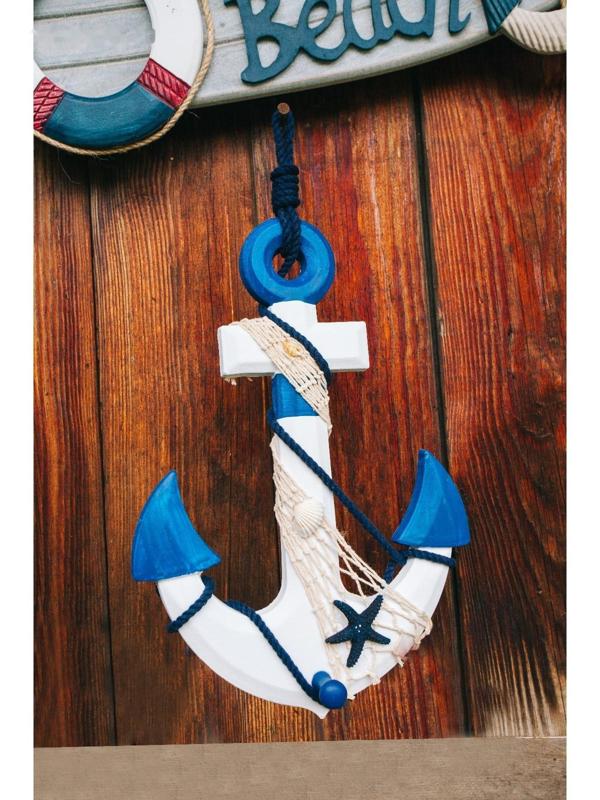 Якорь интерьерный с веревкой и звездой, бело-синий 5*23*32см
