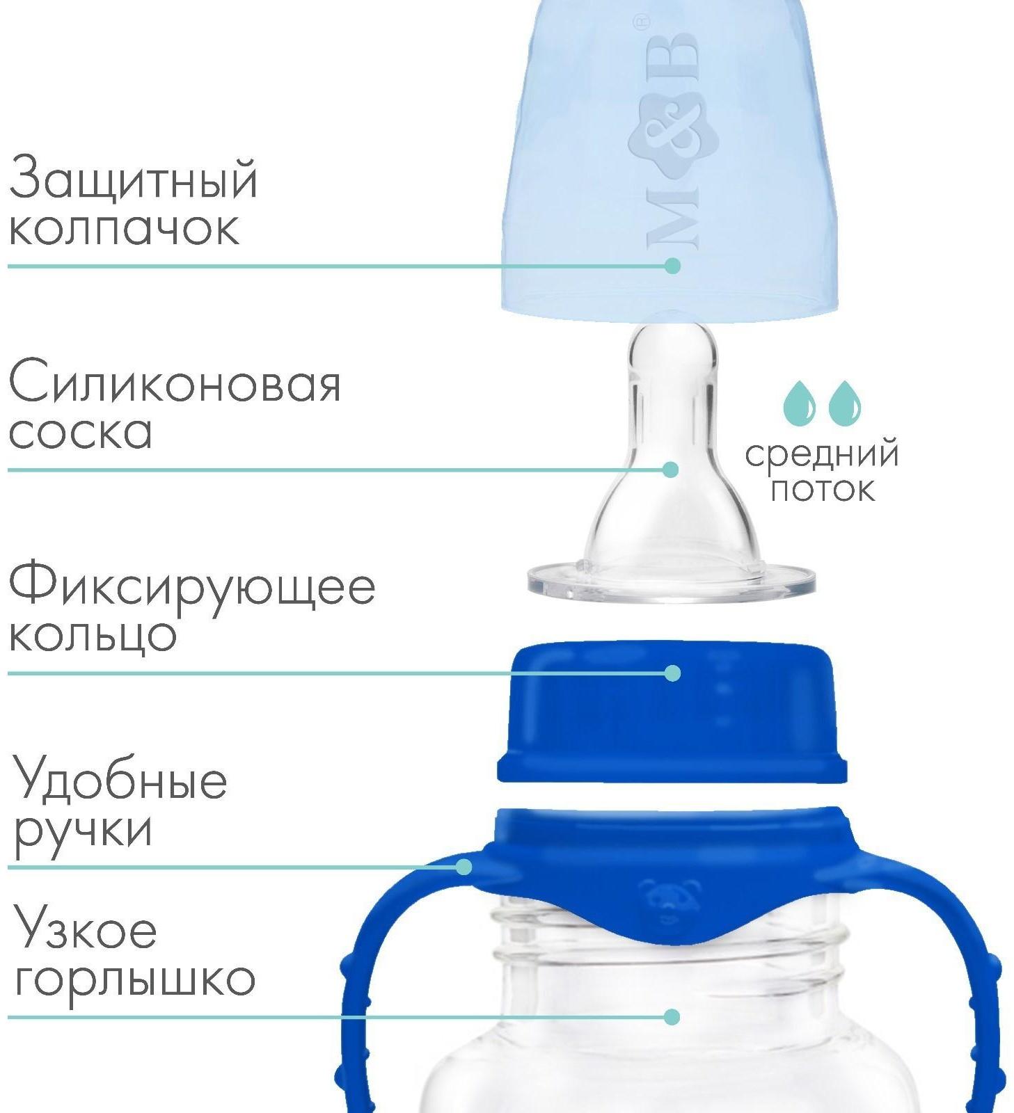 Бутылочка для кормления детская классическая, с ручками, 150 мл, от 0 мес., цвет синий