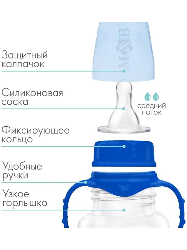 Бутылочка для кормления детская классическая, с ручками, 150 мл, от 0 мес., цвет синий