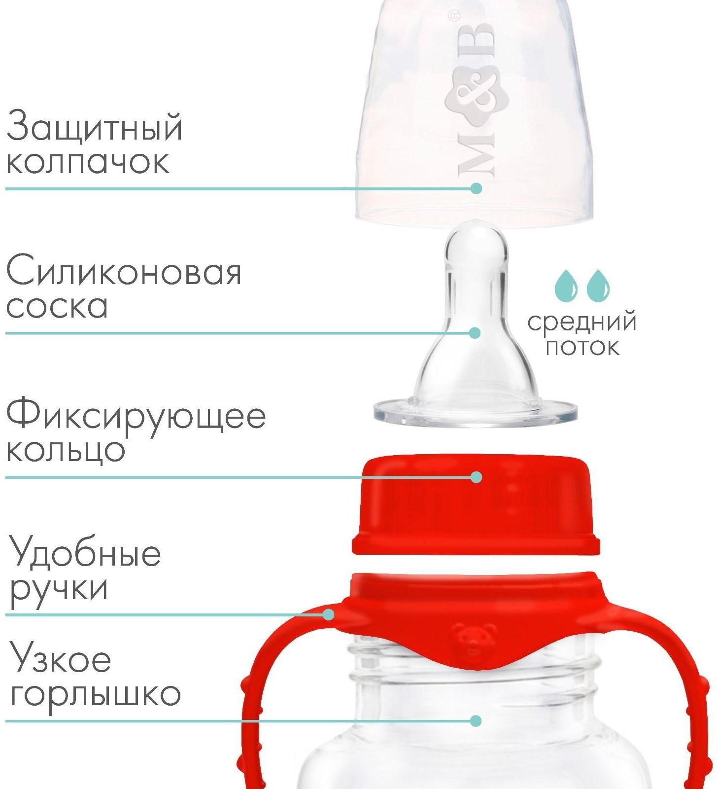 Бутылочка для кормления детская приталенная, с ручками, 150 мл, от 0 мес., цвет красный