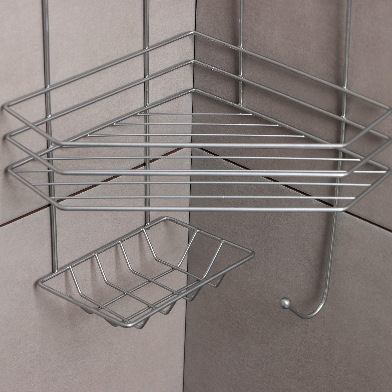 Полка угловая с мыльницей и вешалкой 2-х ярусная, 25×18×42 см, цвет хром