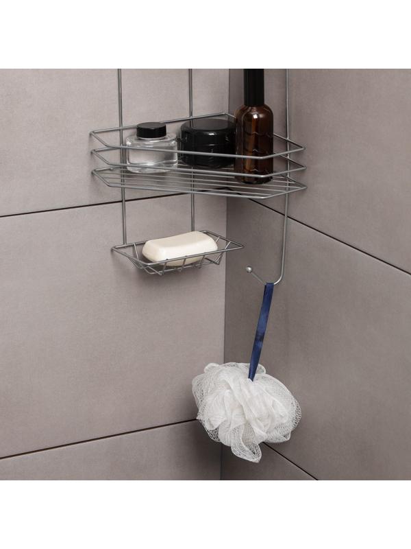 Полка угловая с мыльницей и вешалкой 2-х ярусная, 25×18×42 см, цвет хром