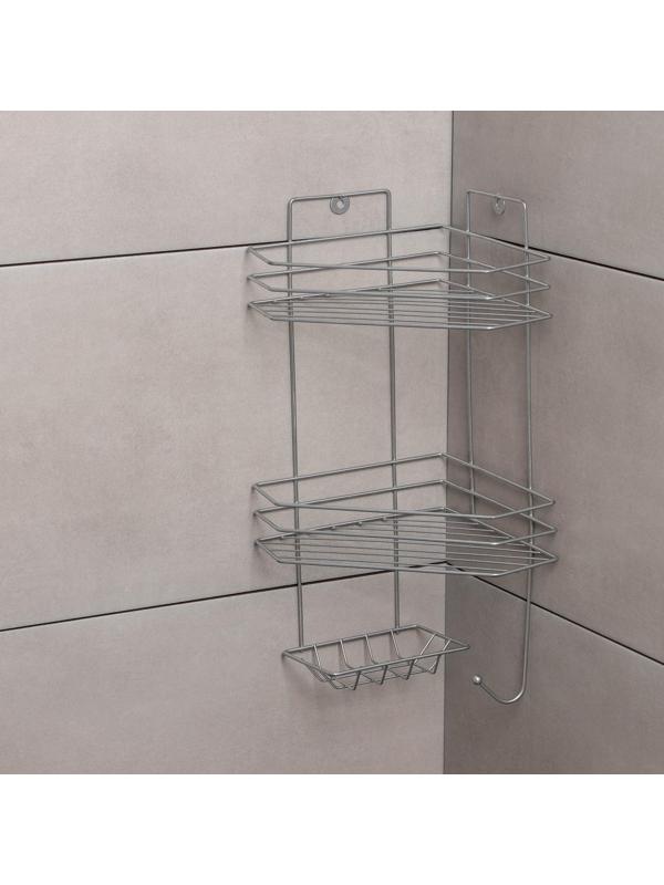 Полка угловая с мыльницей и вешалкой 2-х ярусная, 25×18×42 см, цвет хром