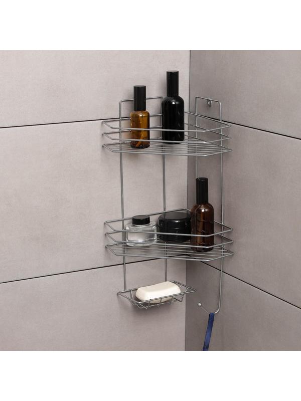 Полка угловая с мыльницей и вешалкой 2-х ярусная, 25×18×42 см, цвет хром