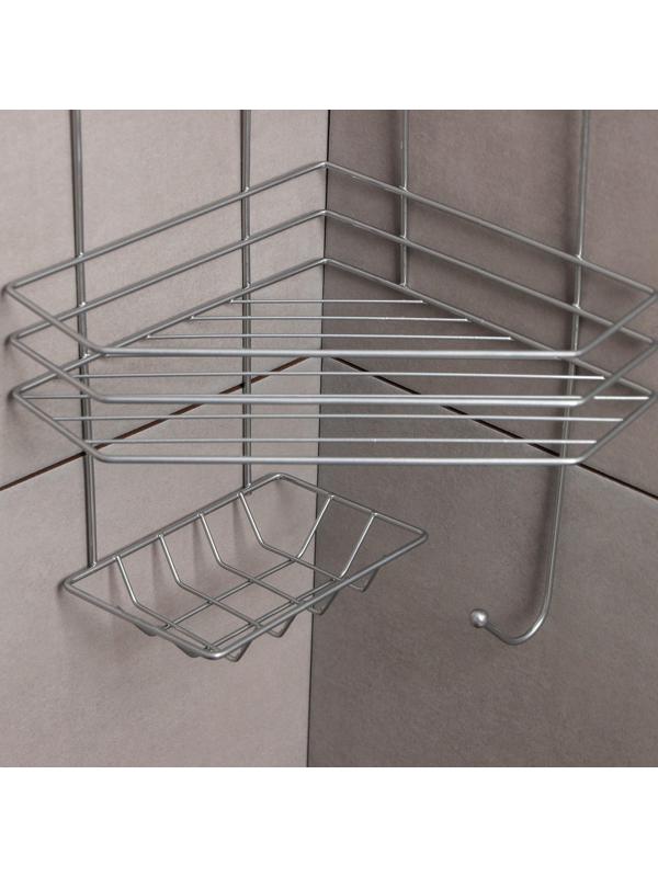 Полка угловая с мыльницей и вешалкой 2-х ярусная, 25×18×42 см, цвет хром