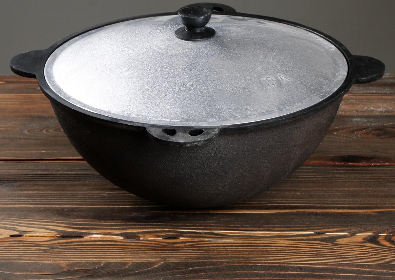 Казан чугунный, 10 л, круглое дно, алюминиевая крышка