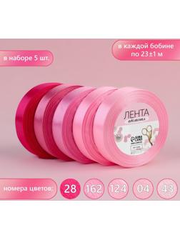 Набор атласных лент, 5 шт, размер 1 ленты: 20 мм × 23 ± 1 м, цвет розовый спектр
