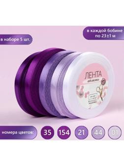 Набор атласных лент, 5 шт, размер 1 ленты: 10 мм × 23 ± 1 м, цвет фиолетовый спектр