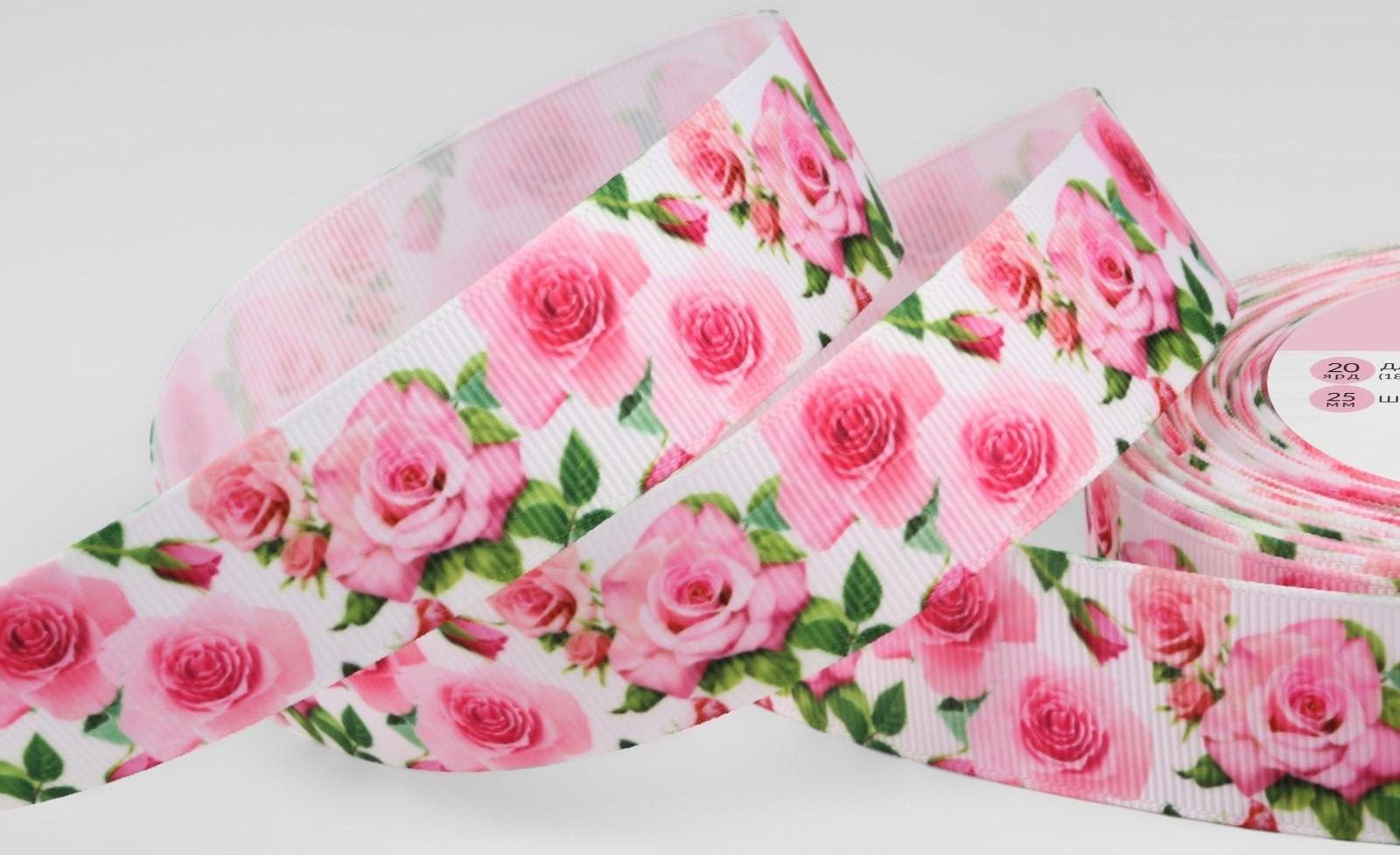 Лента репсовая «Розы», 25 мм, 18 ± 1 м, цвет белый/розовый