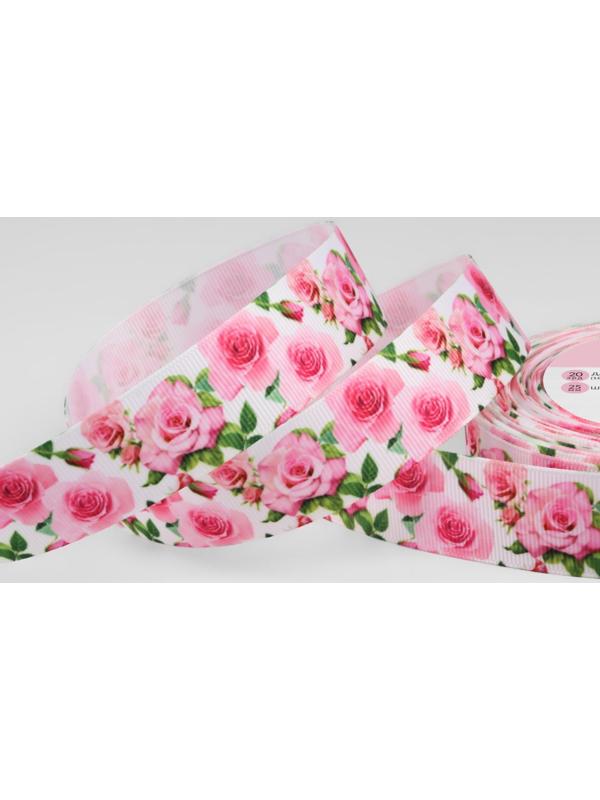 Лента репсовая «Розы», 25 мм, 18 ± 1 м, цвет белый/розовый