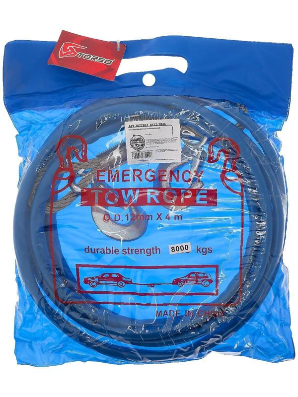 Трос буксировочный TORSO, металлический в ПВХ оплётке, 4м, 8 тонн, 2 крюка