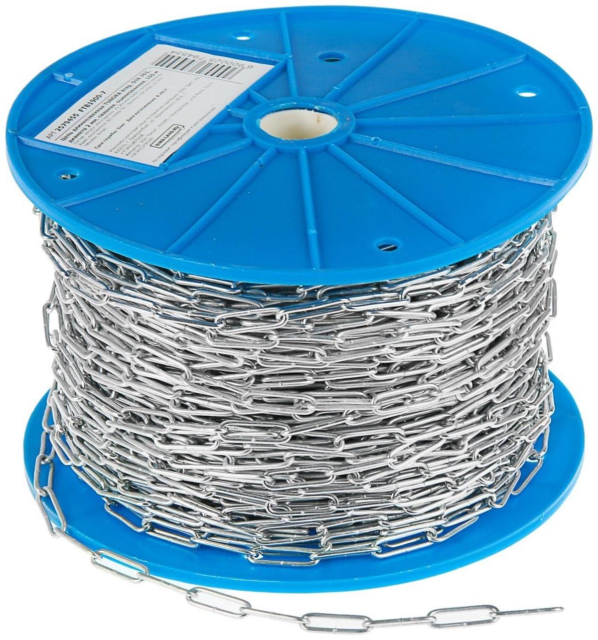 Цепь длиннозвенная ТУНДРА krep, DIN763, диаметр 2 мм, сварная, оцинкованная, 100 м