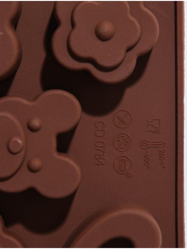 Форма для льда и кондитерских украшений Доляна «Мишка, цветок, сердце», 19,7×10,5×1,5 см, 14 ячеек, цвет шоколадный