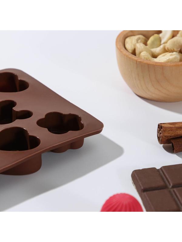 Форма для льда и кондитерских украшений Доляна «Мишка, цветок, сердце», 19,7×10,5×1,5 см, 14 ячеек, цвет шоколадный
