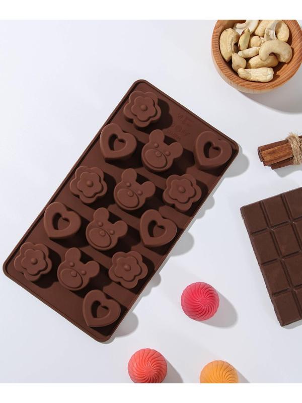 Форма для льда и кондитерских украшений Доляна «Мишка, цветок, сердце», 19,7×10,5×1,5 см, 14 ячеек, цвет шоколадный