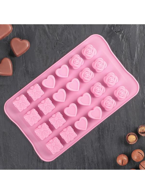 Форма для льда и кондитерских украшений Доляна «Подарок, сердце, роза», 23,2×13,8×1,1 см, 24 ячейки (2,6×2,6×2 см), цвет МИКС