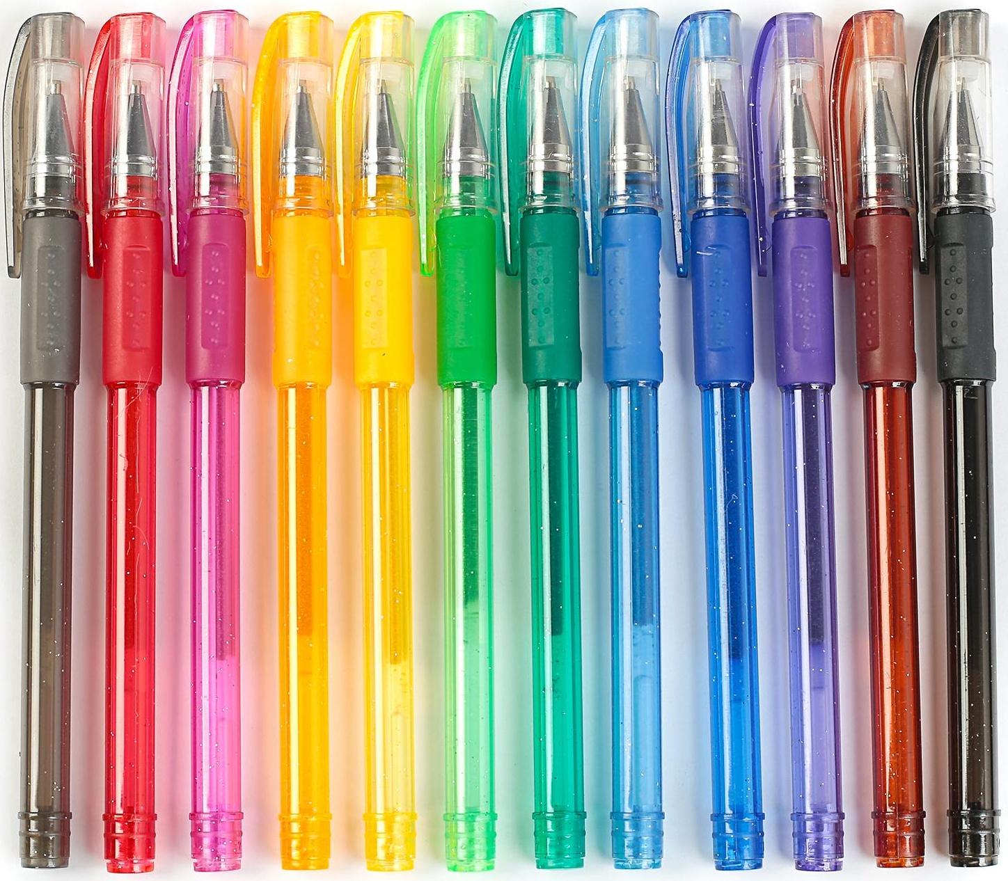 Набор гелевых ручек, 12 цветов, с блёстками, с резиновыми держателями, в блистере