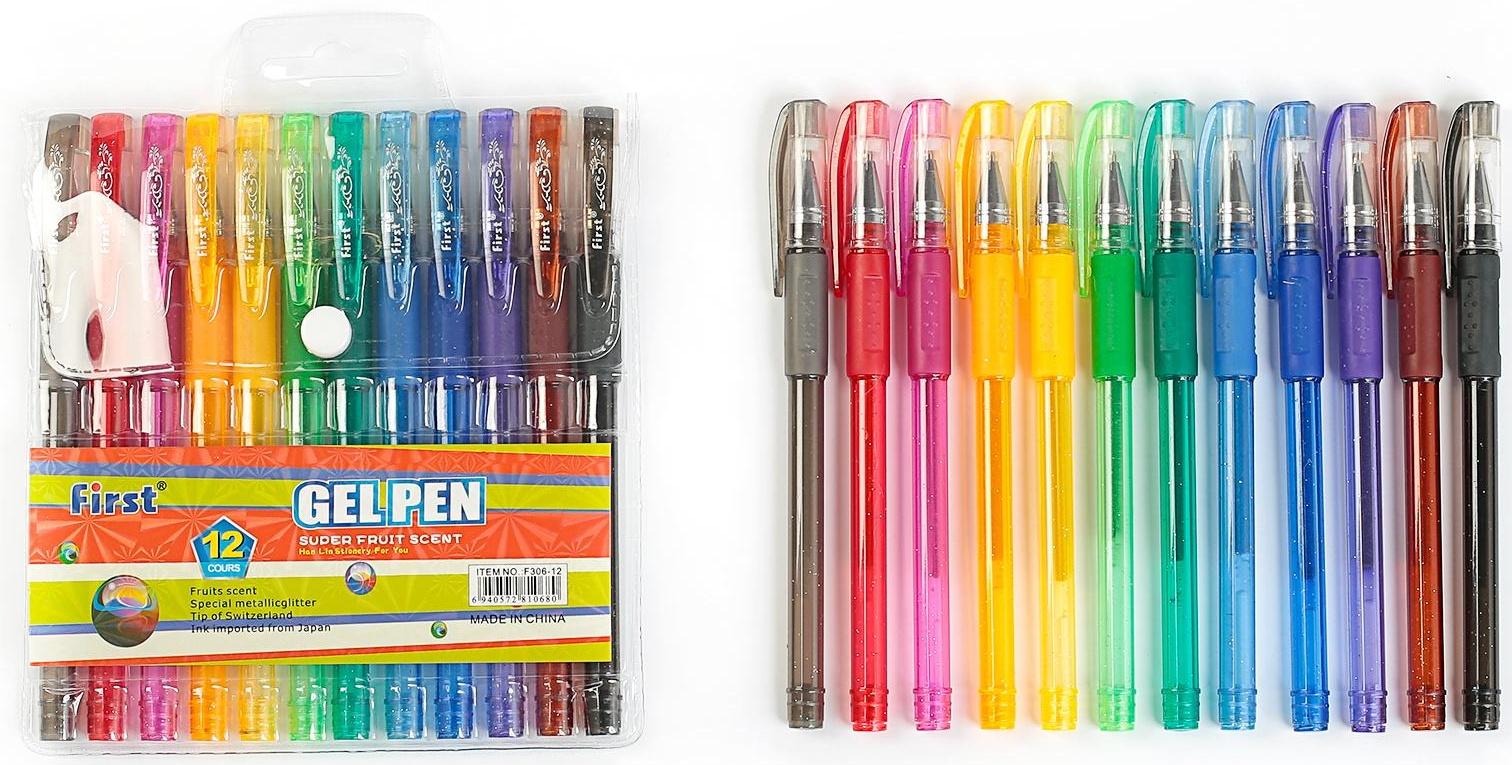 Набор гелевых ручек, 12 цветов, с блёстками, с резиновыми держателями, в блистере