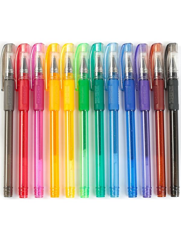 Набор гелевых ручек, 12 цветов, с блёстками, с резиновыми держателями, в блистере