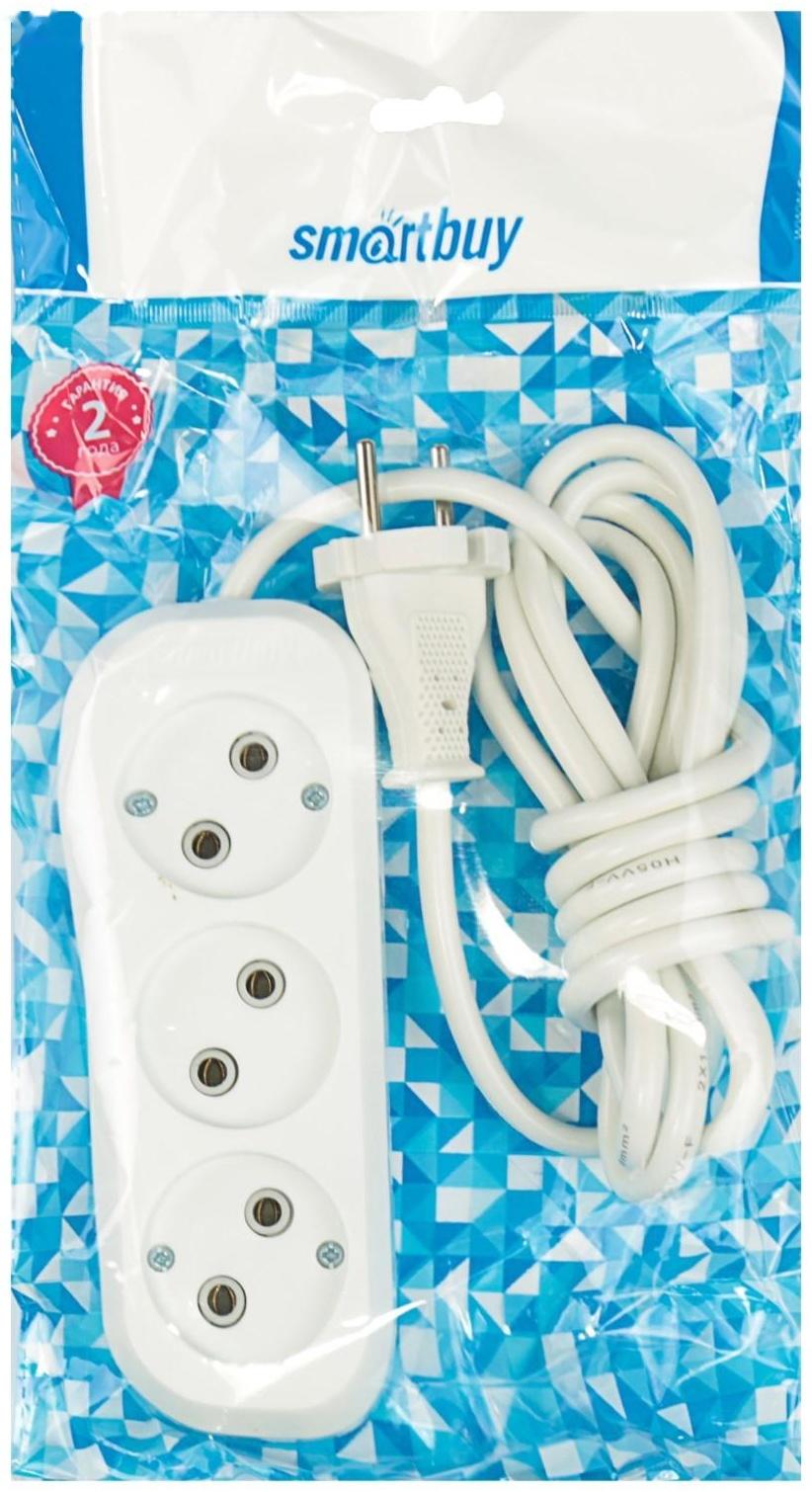 Удлинитель Smartbuy, 3 розетки, 2 м, 10 А, 2200 Вт, ПВС 2х1 мм2, без з/к, белый