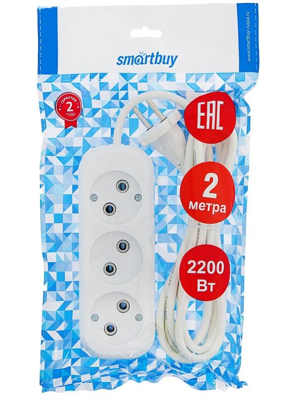Удлинитель Smartbuy, 3 розетки, 2 м, 10 А, 2200 Вт, ПВС 2х1 мм2, без з/к, белый