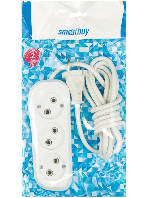 Удлинитель Smartbuy, 3 розетки, 2 м, 10 А, 2200 Вт, ПВС 2х1 мм2, без з/к, белый