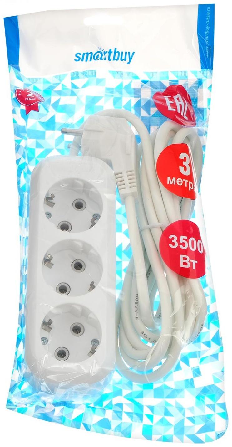 Удлинитель Smartbuy, 3 розетки, 3 м, 16 А, 3500 Вт, ПВС 3х1 мм2, с з/к, белый