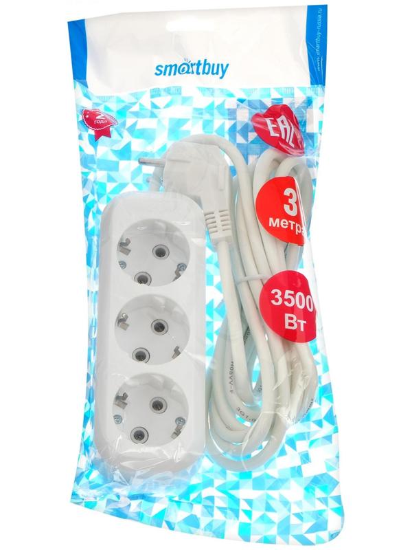 Удлинитель Smartbuy, 3 розетки, 3 м, 16 А, 3500 Вт, ПВС 3х1 мм2, с з/к, белый