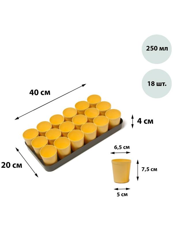 Набор для рассады: стаканы по 250 мл (18 шт.), поддон 40 × 20 см, цвет МИКС, Greengo
