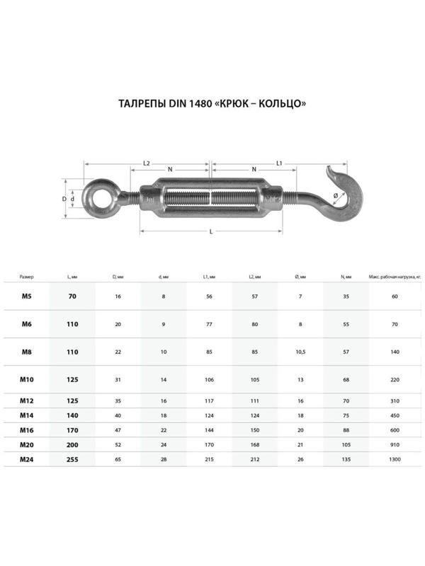 Талреп крюк-кольцо ТУНДРА krep, DIN1480, М6, оцинкованный