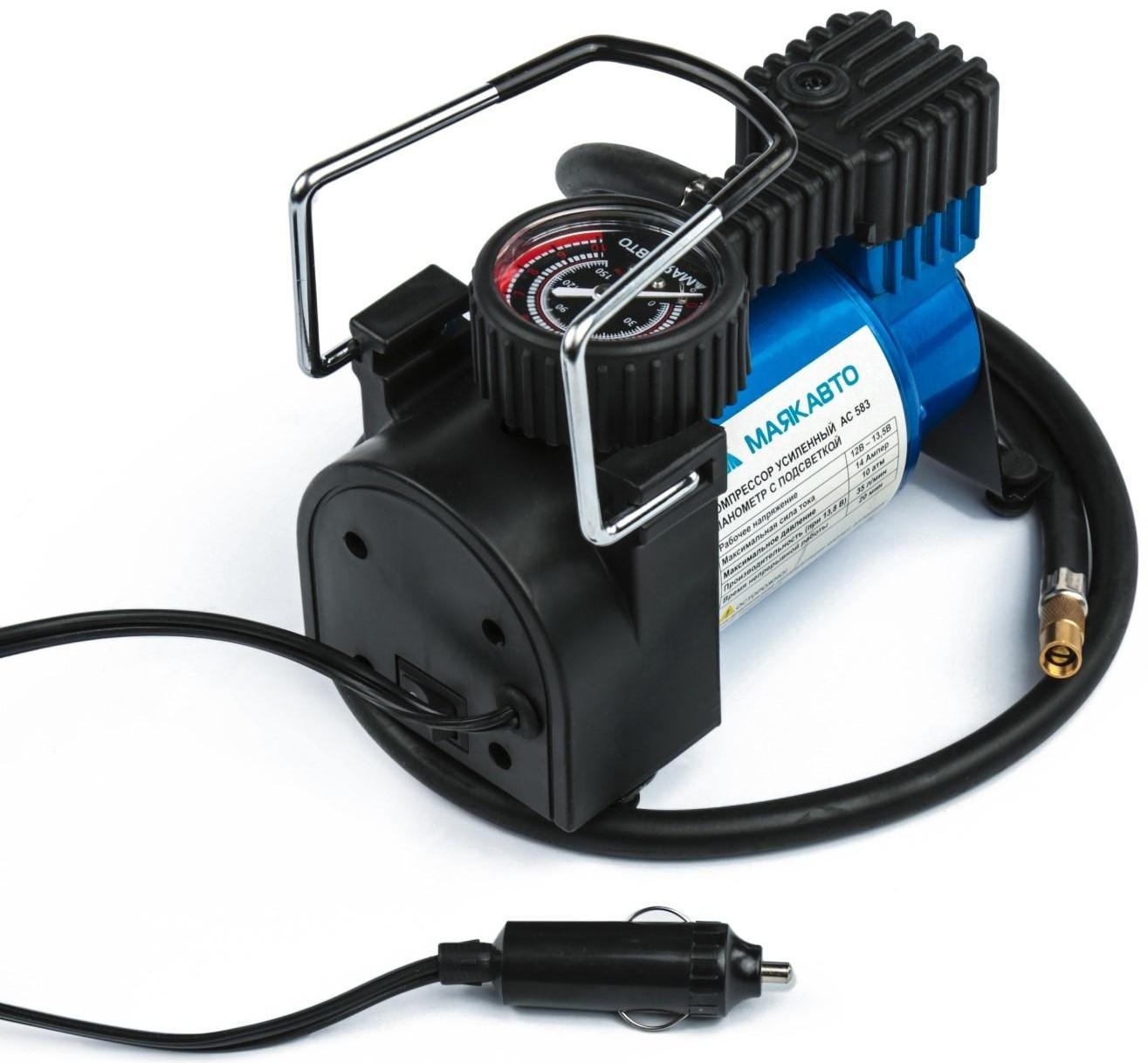 Компрессор автомобильный МАЯКАВТО АС-583ма c подсветкой манометра, 14 А, 35 л/мин, 12 В, 10 Атм/150PSI