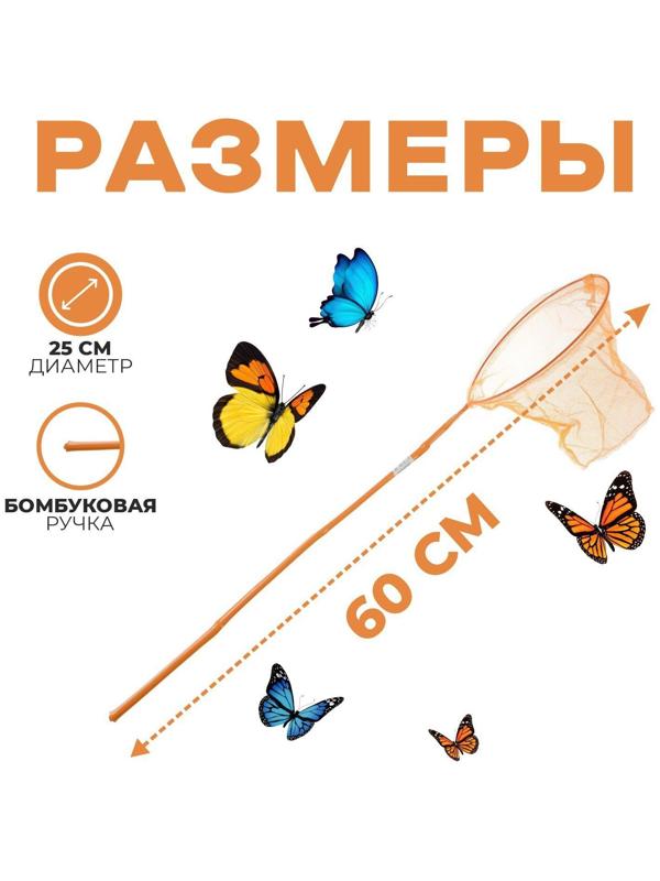 Сачок детский, бамбуковая ручка в горох 60 см, d=25 см, цвета МИКС