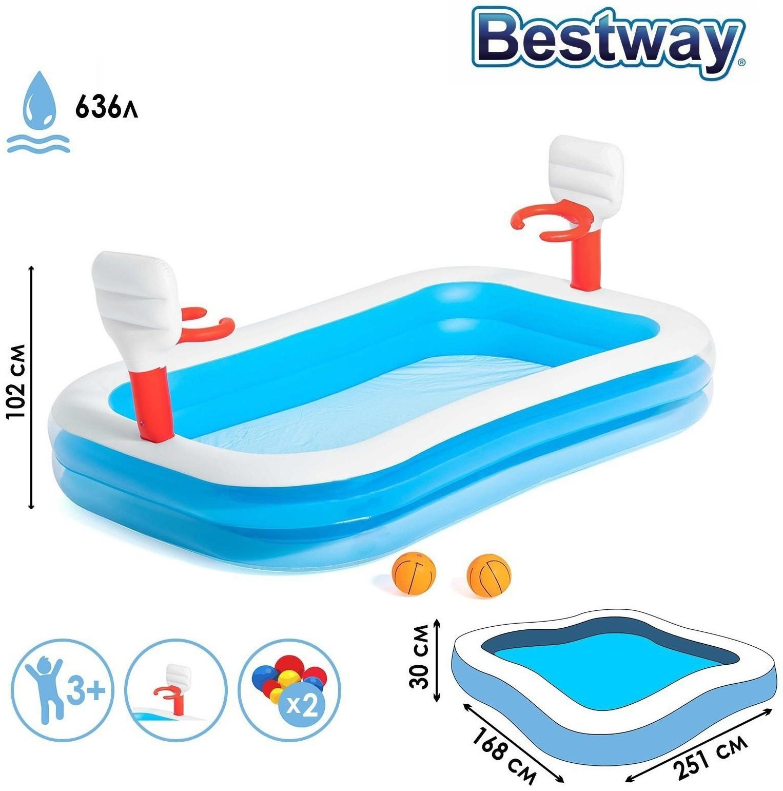 Бассейн надувной игровой «Баскетбол», 251 х 168 х 102 см, 2 мячика, от 3 лет, 54122 Bestway