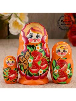 Матрёшка «Земляничка», оранжевое платье, 3 кукольная, 10-12 см