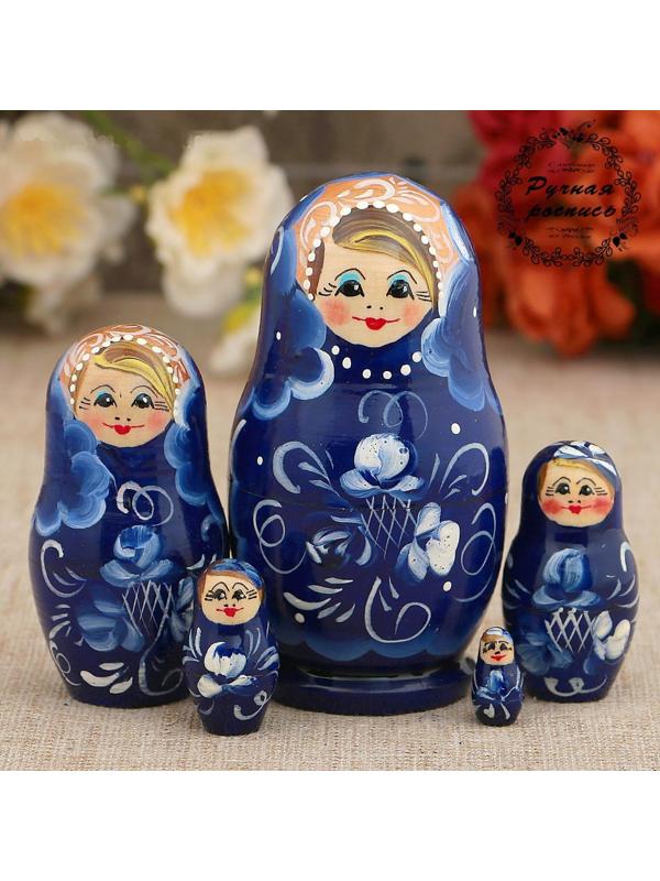 Матрёшка «Гжель», тёмно-синее платье, 5 кукольная, 10 см