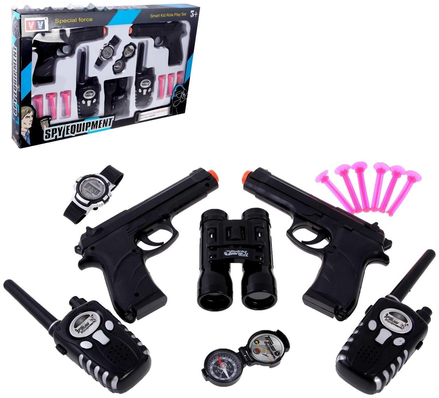 Игровой набор шпиона «Двойной агент»: 2 пистолета, 2 рации, часы, компас, бинокль