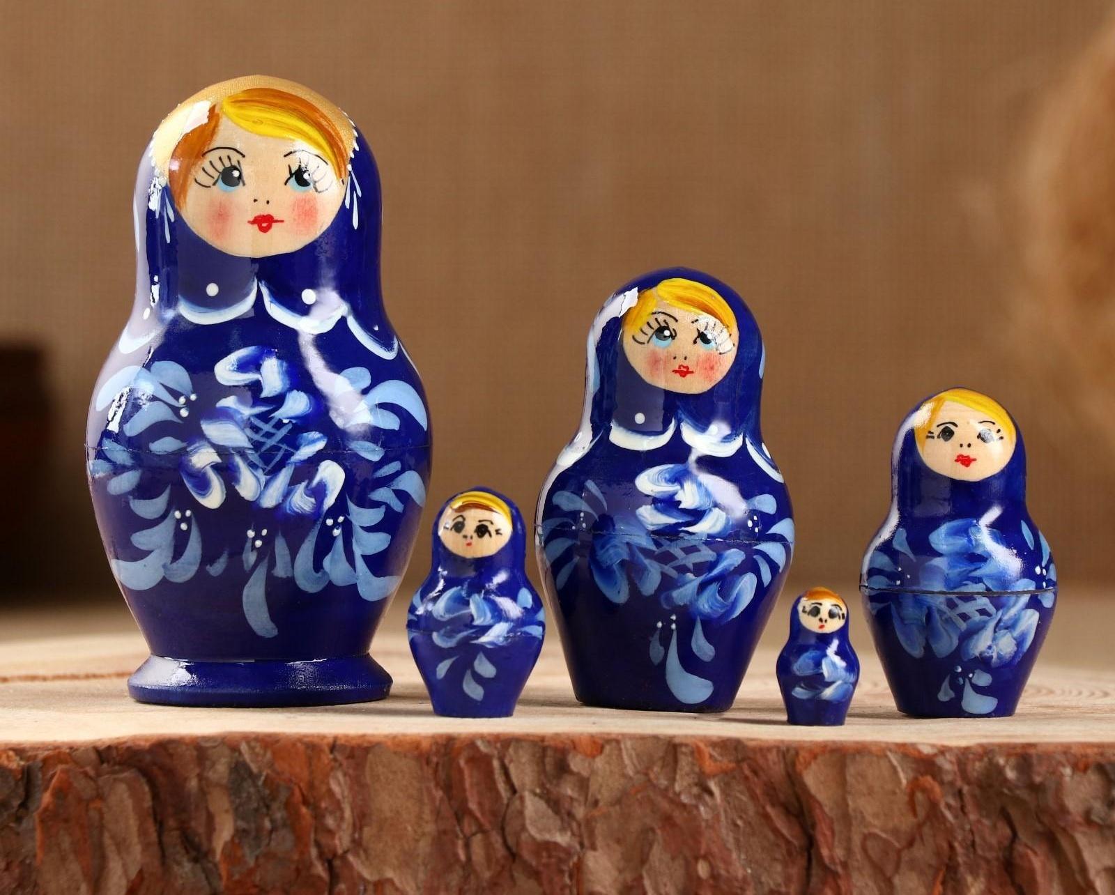 Матрёшка «Гжель», синее платье, 5 кукольная, 10 см