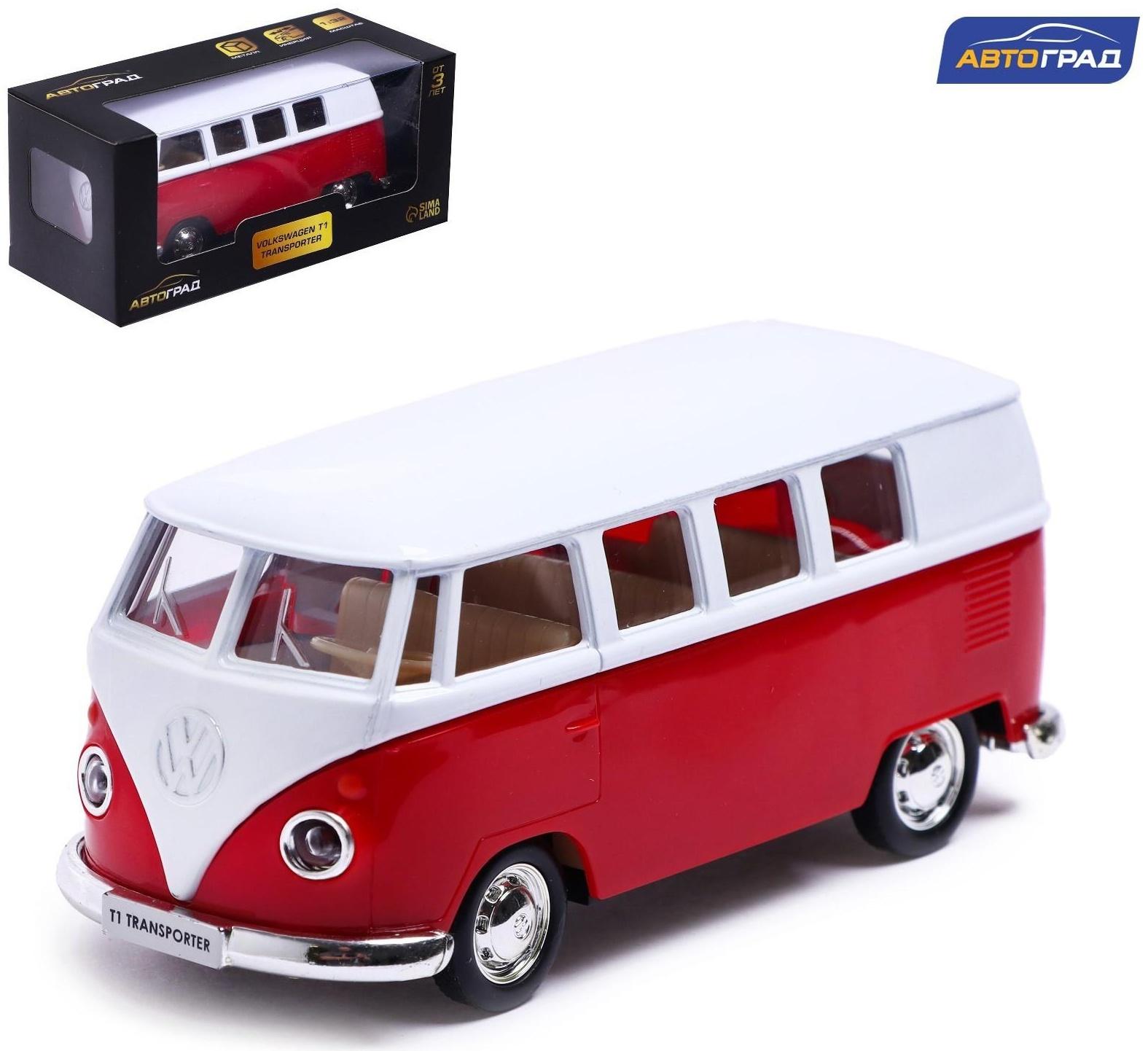 Машина металлическая VOLKSWAGEN TRANSPORTER T1, 1:32, открываются двери, инерция, цвет красный