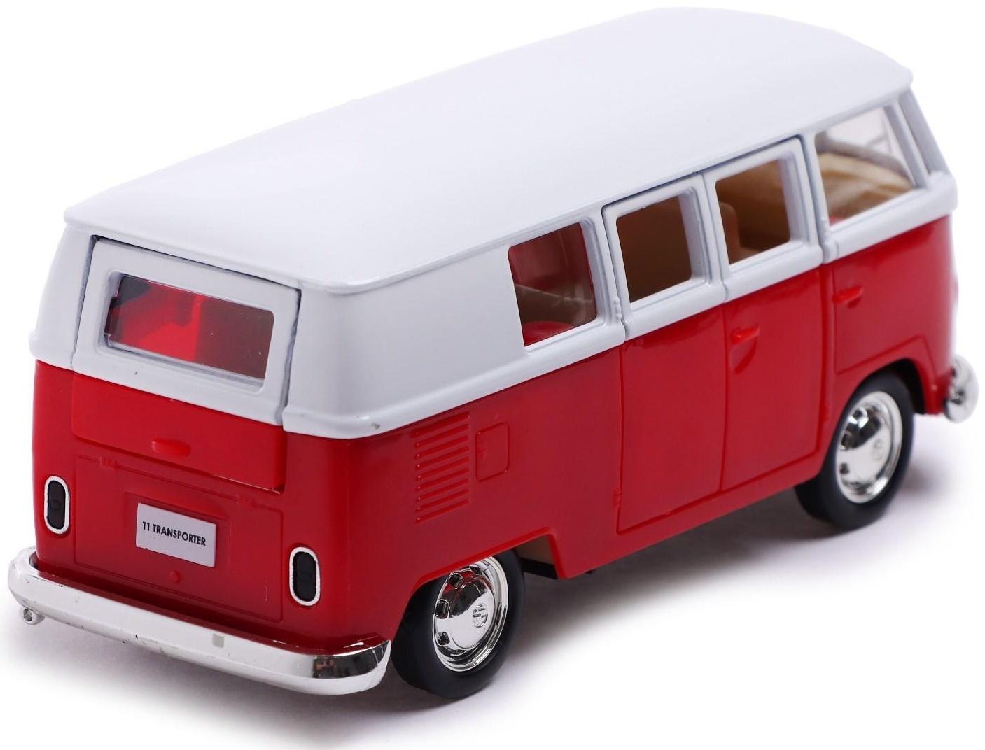 Машина металлическая VOLKSWAGEN TRANSPORTER T1, 1:32, открываются двери, инерция, цвет красный