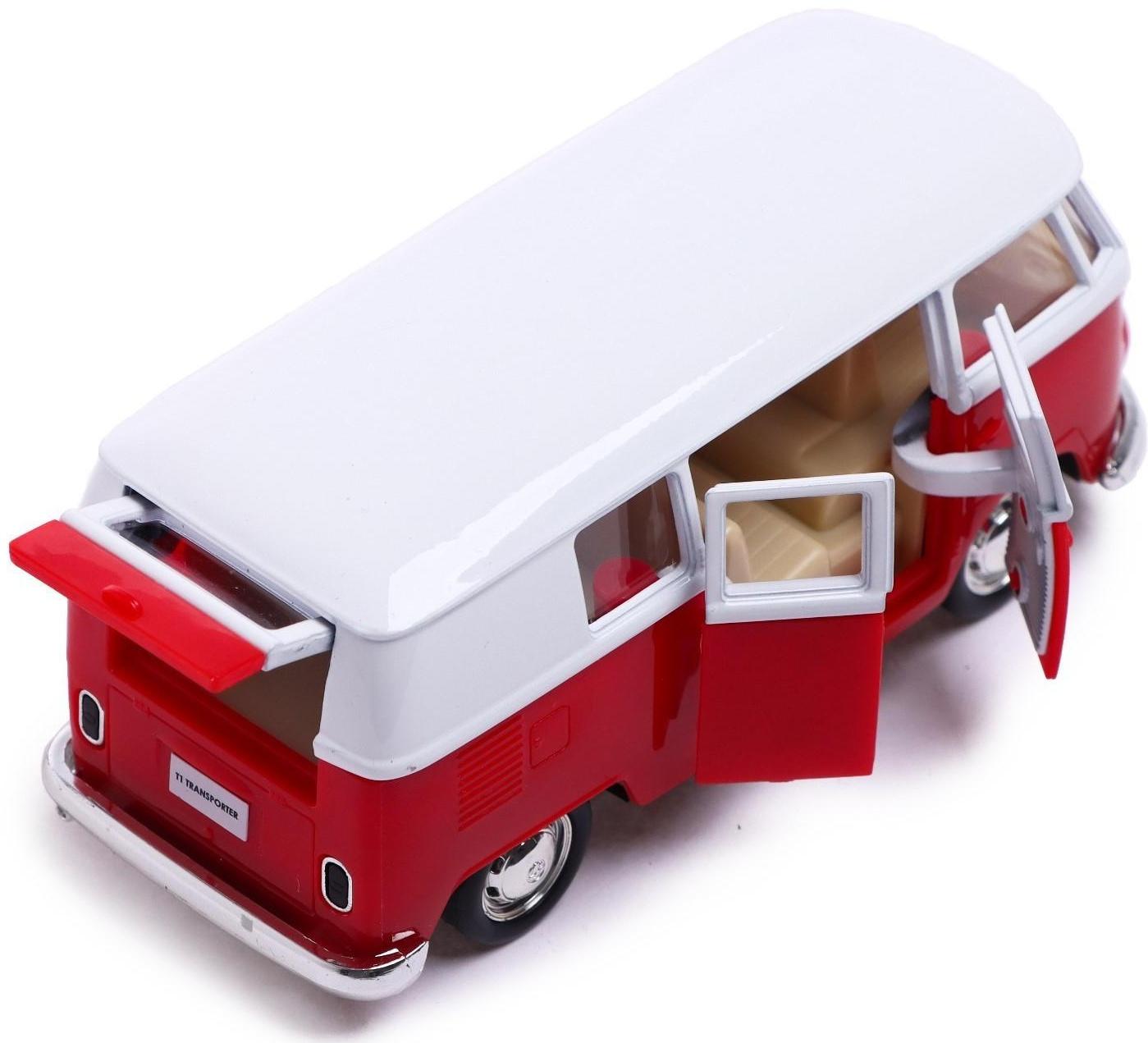 Машина металлическая VOLKSWAGEN TRANSPORTER T1, 1:32, открываются двери, инерция, цвет красный