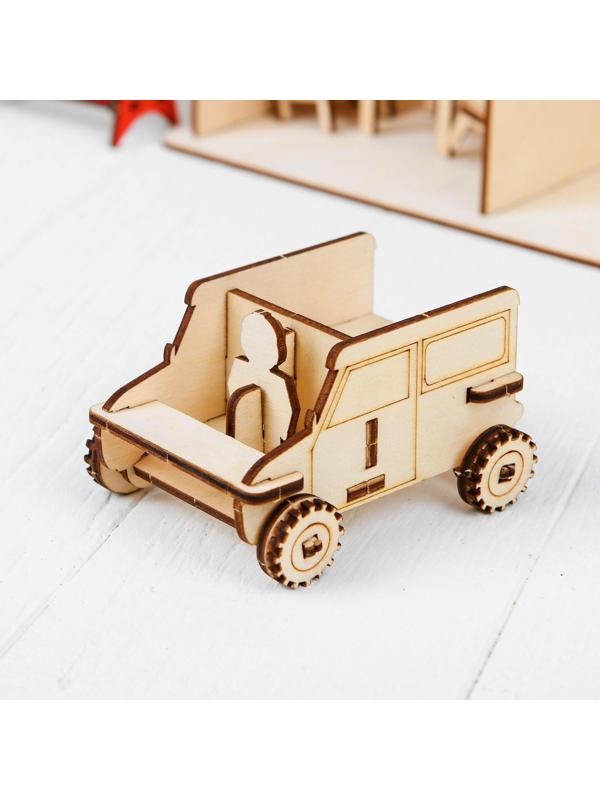 Домик фанера с машинкой и мебелью, 1-ый этаж: 12,5 см; 2-ой этаж: 17 см