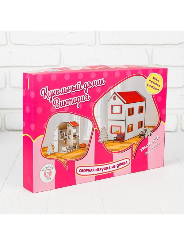 Домик фанера с машинкой и мебелью, 1-ый этаж: 12,5 см; 2-ой этаж: 17 см