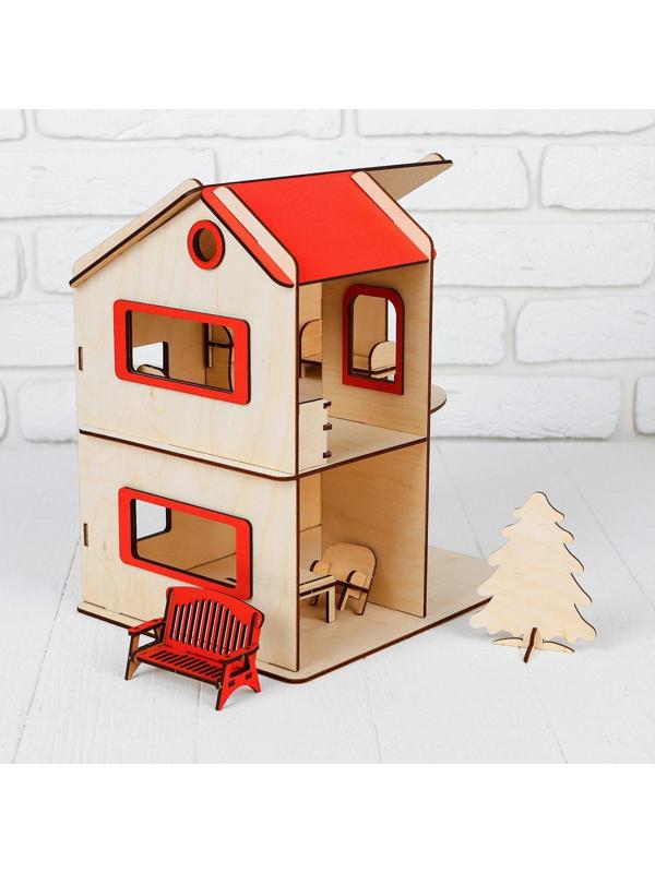 Домик фанера с машинкой и мебелью, 1-ый этаж: 12,5 см; 2-ой этаж: 17 см