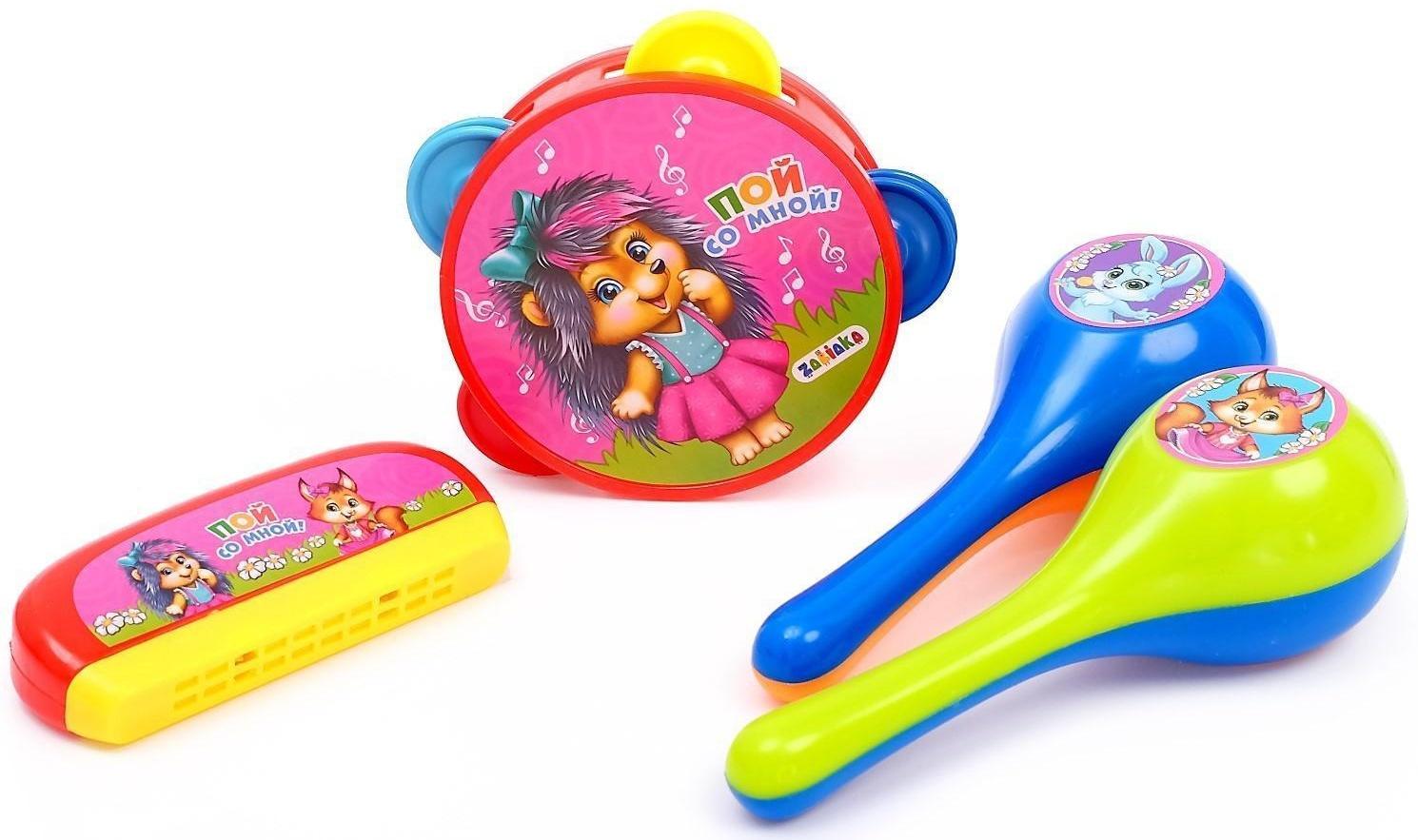 Набор музыкальных инструментов «Пой со мной»: бубен, 2 маракаса, губная гармошка