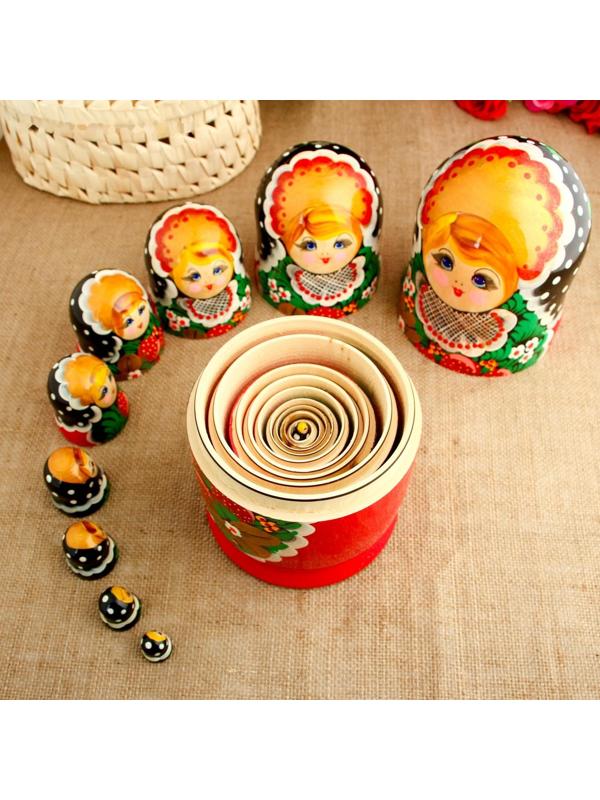 Матрёшка «Хохлома», красное  платье, 10 кукольная, 26 см