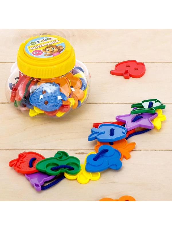 Шнуровка «Весёлые фигурки» в банке, 24 штуки, МИКС, по методике Монтессори